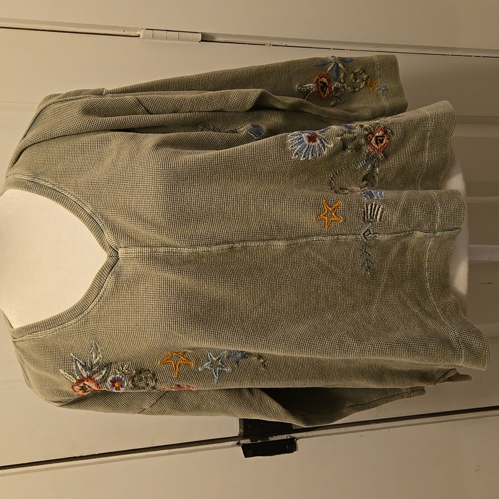 Embroidered Olive Green V-Neck Women's Top